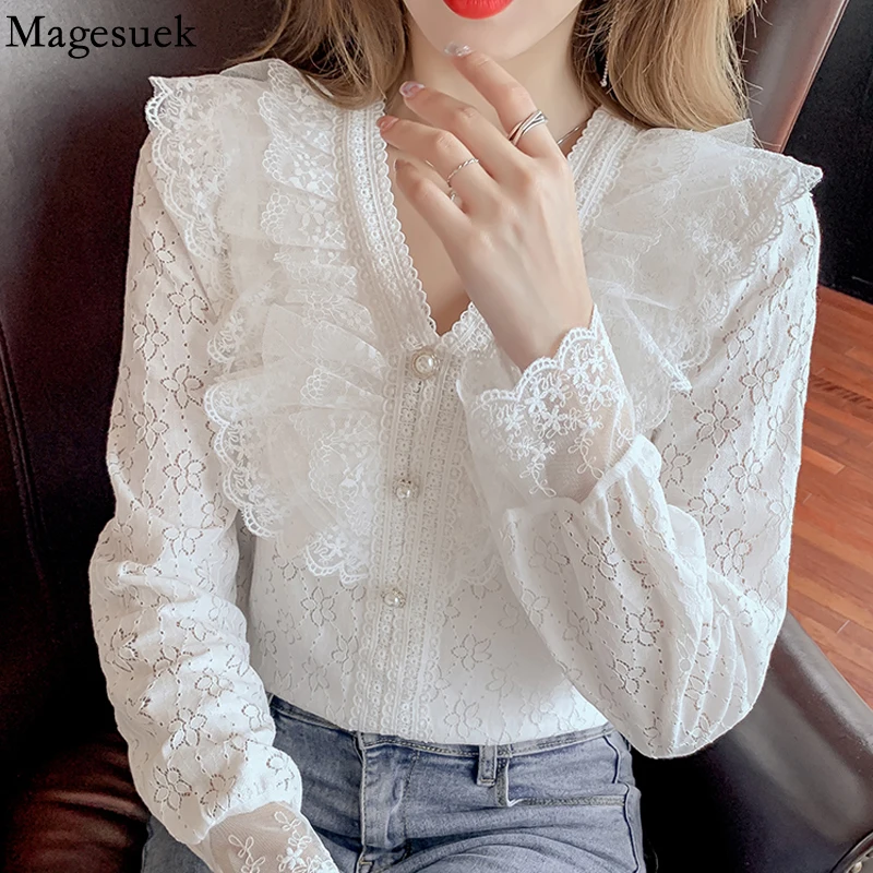 Autumn Elegant V Neck Women's Shirt Sweet Lace Ruffle Blouse Women's Long Sleeve Top White Hollow Flower Female Clothing 17207