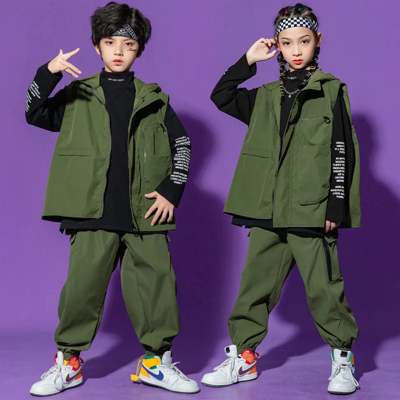 

Kid Hip Hop Clothing Army Green Sleeveless Jacket Hoodie Top Streetwear Tactical Cargo Jogger Pants for Girls Boys Dance Costume