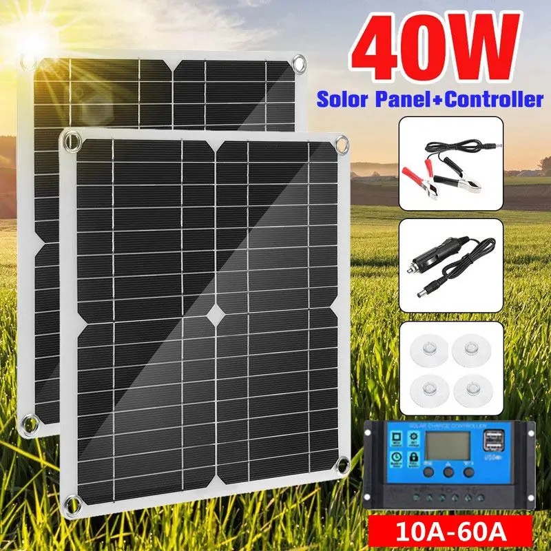 40W Solar Panel Kit 18V Solar Cells Monocrystalline Silicon Solar Panel Power Bank + 10-60A Controller Solar Battery Charger Kit