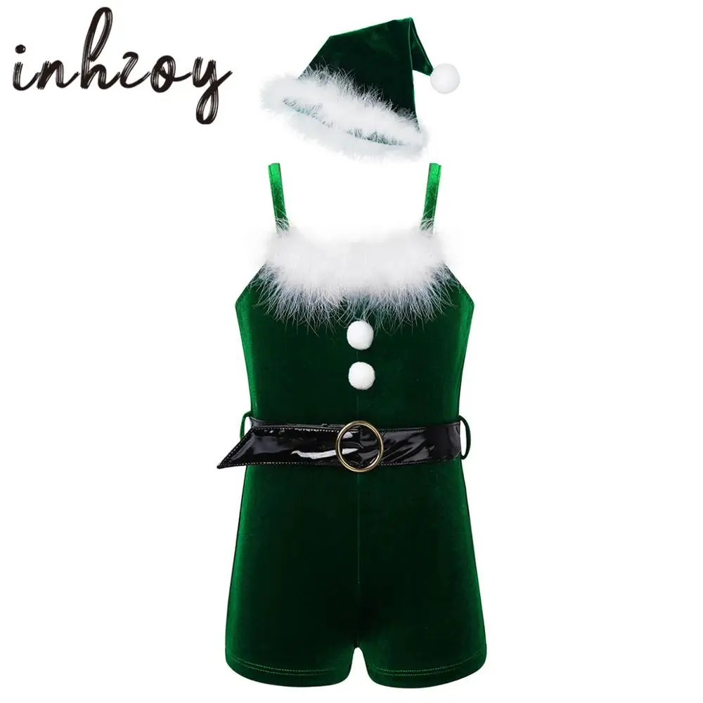 

Christmas Cosplay Party Outfits Kids Girls Clothes Velvet Leotard Jumpsuit Dance Biketard With Hat Santas Helper Dance Costume