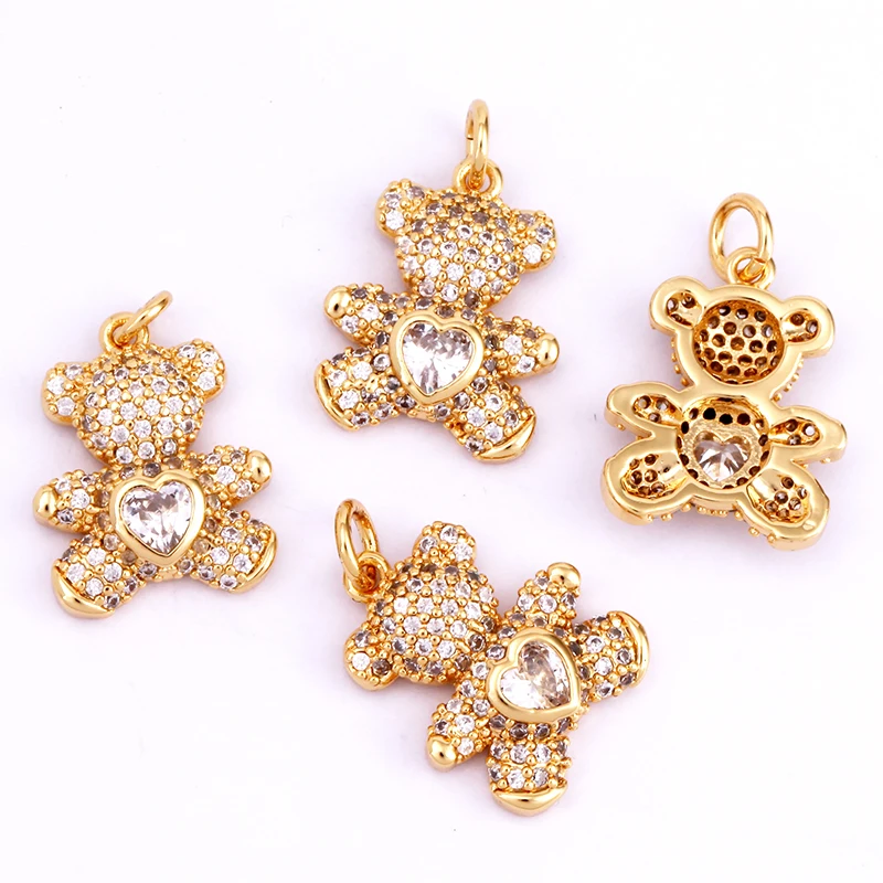 Niedlicher Bären-Charm-Anhänger in Goldfarbe, mit Perlen besetzt, mit Zirkonia CZ gepflastert, Schmuck, Halskette, Armband, Großhandel, Zubehör M85 – Detail 13