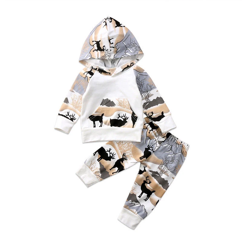 Lioraitiin 2Pcs 0-24M New Fashion Newborn Baby Boys Girl Deer Hooded Tops Sweater Long Pants Outfits Clothes Set