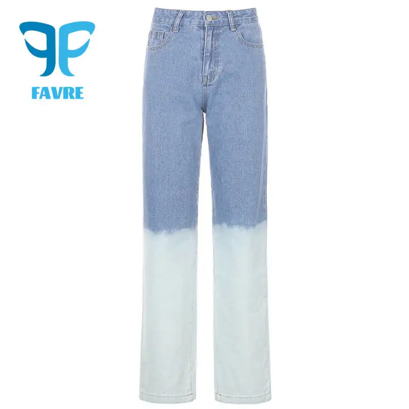 

FAVRE Tie Dye Streetwear Fashion Long Jeans Straight Pants 90s Vintage Buttons Fly Cargo Denim Pants Women High Waist Trousers