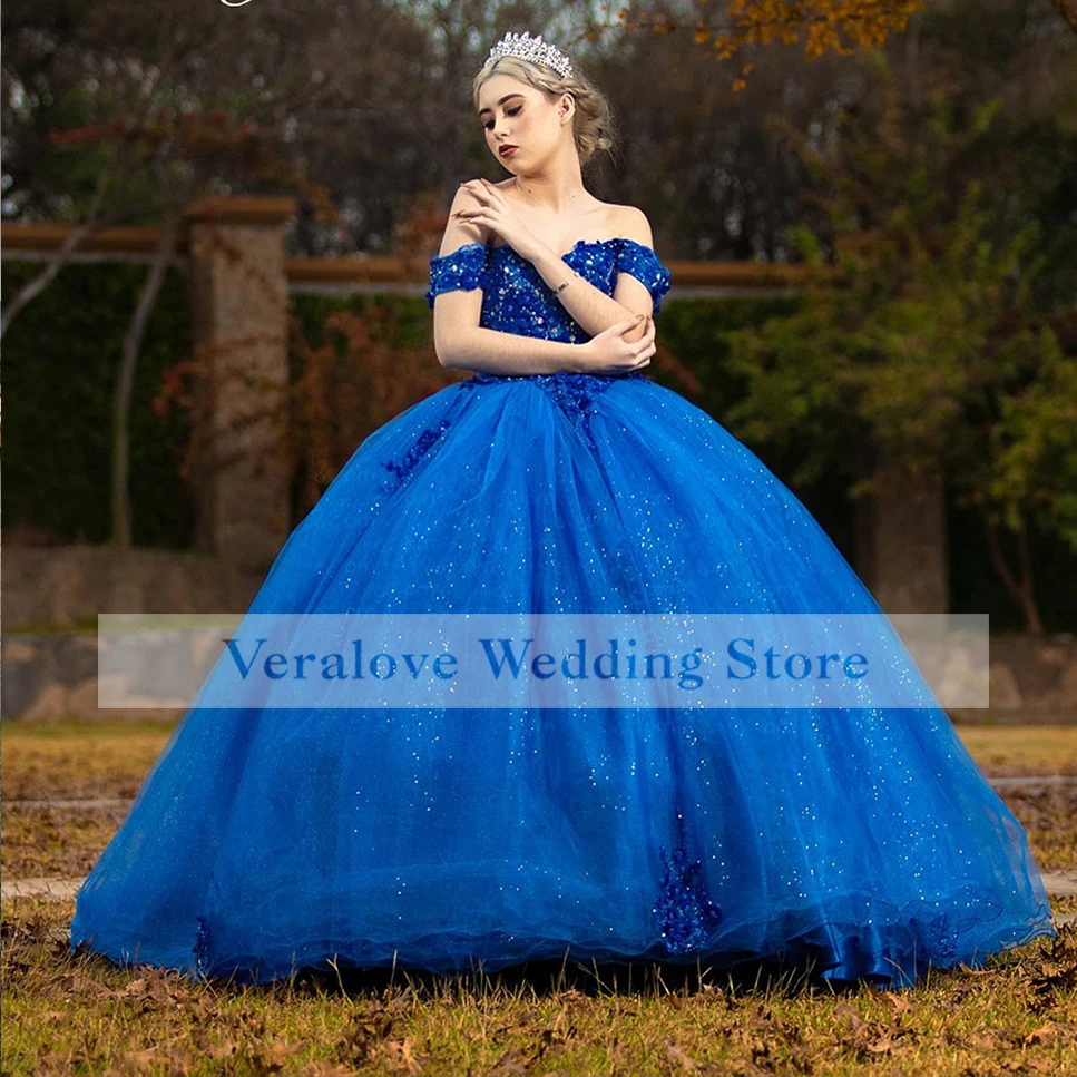 Veralove Royal Blue Princess Quinceanera Dress 2022 Off the Shoulder Sequins Beads Vestidos XV Años Mexican Girl Sweet 16 Dress