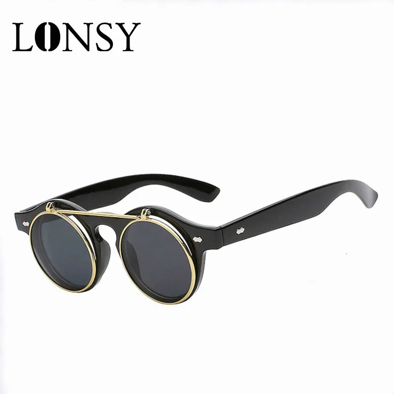 LONSY Vintage Steampunk Flip Sunglasses Women Men Brand Designer Unisex Retro Round Metal Steam Punk Sun Glasses UV400