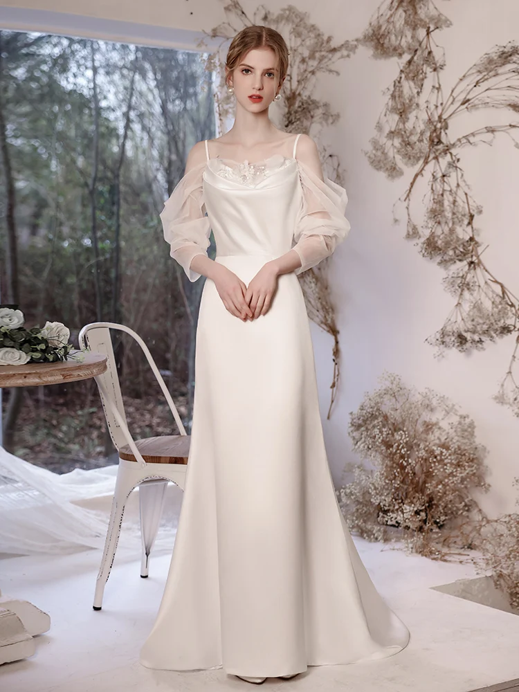 Women's White Weeding Dresses Elegant Simple Bright Satin Boat Neck Backless Three Quarter Sleeve Bridal Formal Gowns