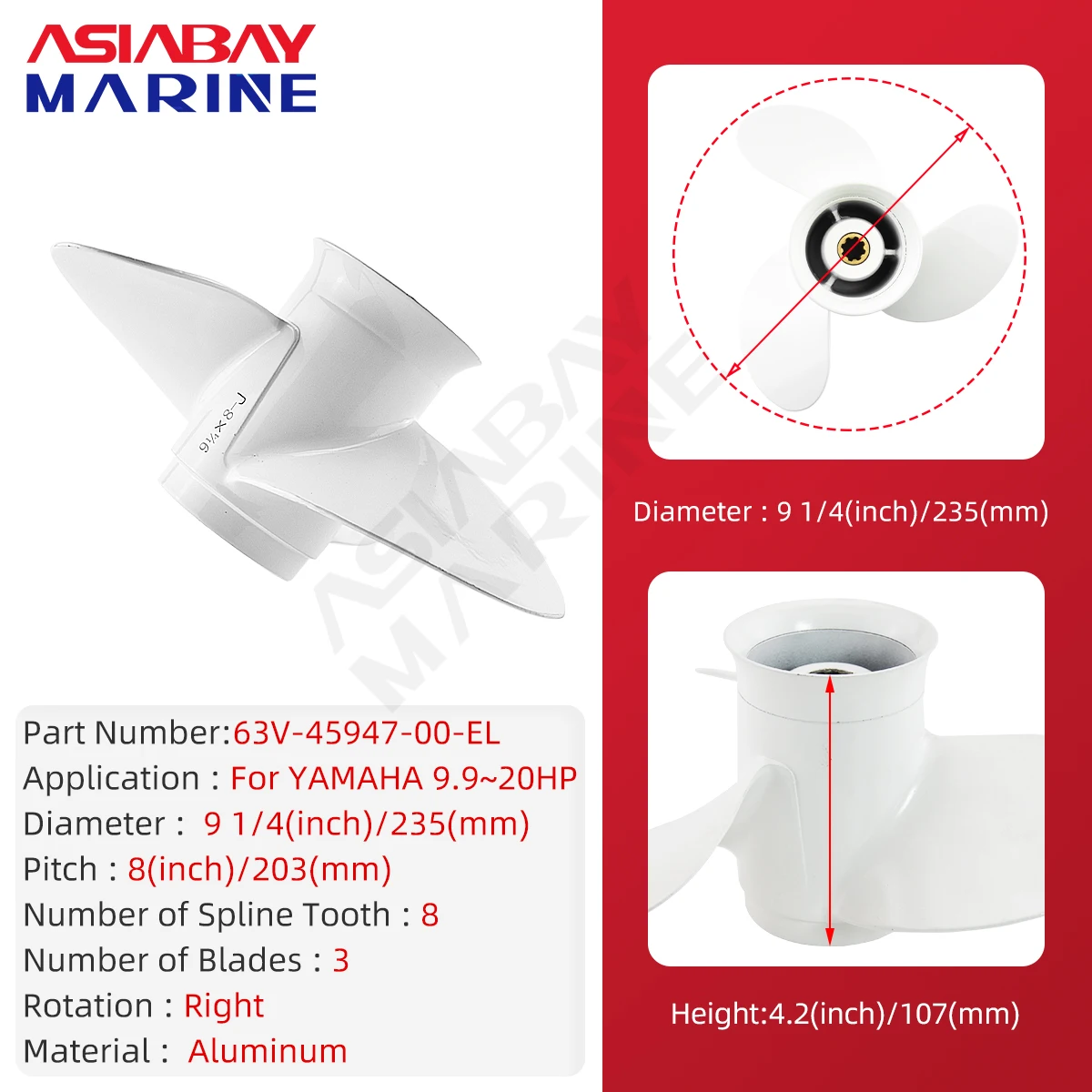 For Yamaha Outboard Propeller 9-1/4 x 8 Aluminum Alloy Screw 3 Blade 8 Spline Tooth Part #63V-45947-00 for 9.9-15HP Boat Motors