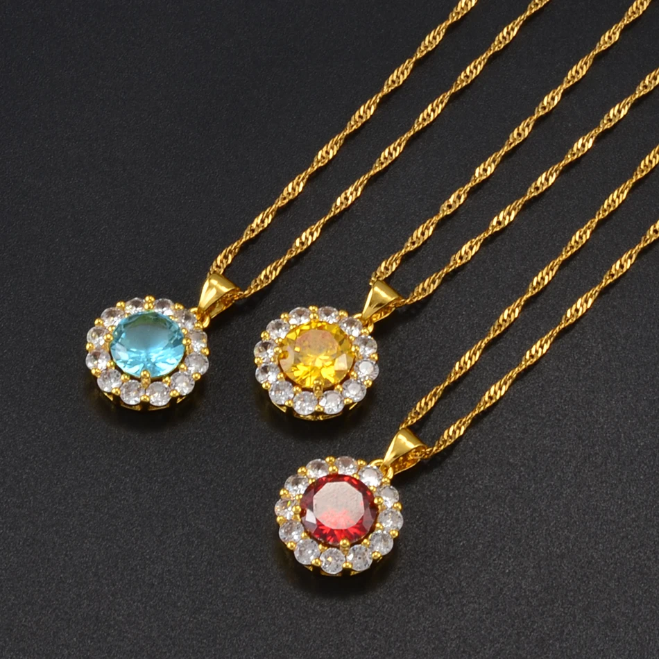 Anniyo Round Colorful Stone Necklaces Women Girls,Crystal/Cubic Zirconia Charm Red Blue Yellow Pendant Chains Jewelry @201625