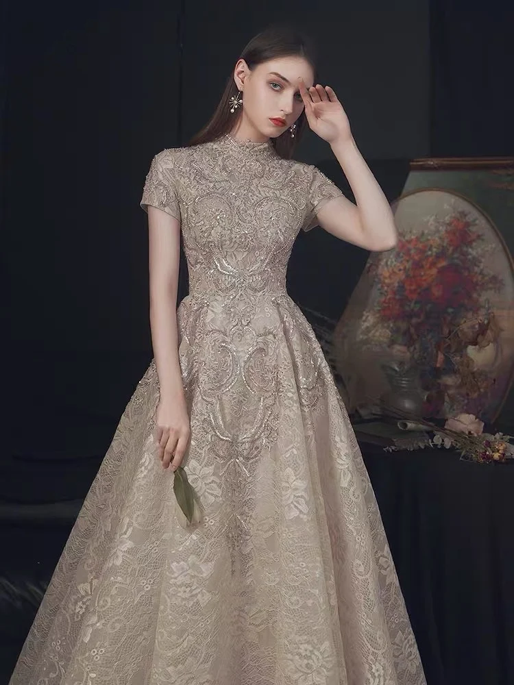 Luxo rendas vestidos de noite longos com mangas curtas 2024 frisado elegante formal alta pescoço a linha casamento celebridade vestidos de baile novo