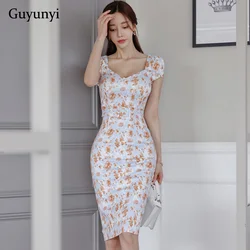 High Waist Tight Dress Summer Simple Temperament Pencil Office Lady Dress Floral Square Collar Elegant Party Dress Women