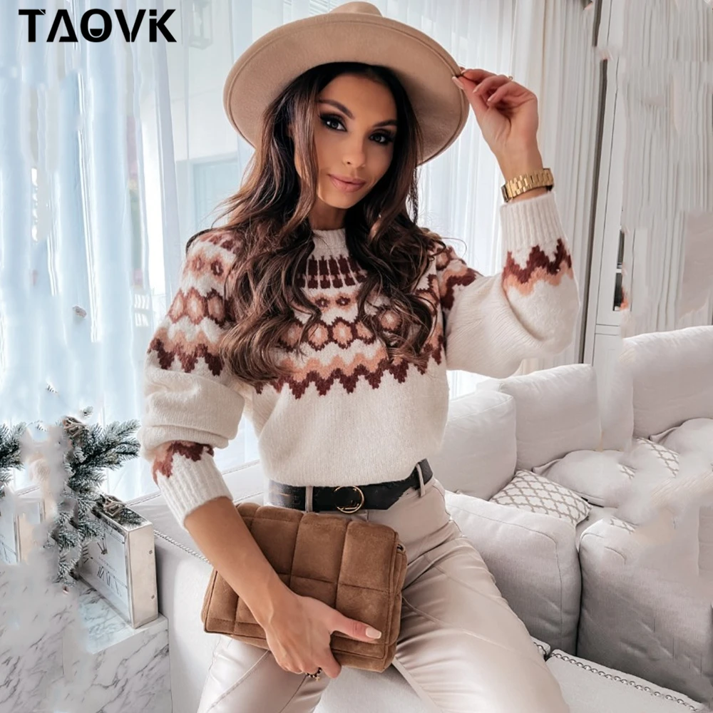 TAOVK Women Sweaters O-neck thick striped Pullovers Female long sleeve Knitting Tops contrast color Sky blue white Sweater