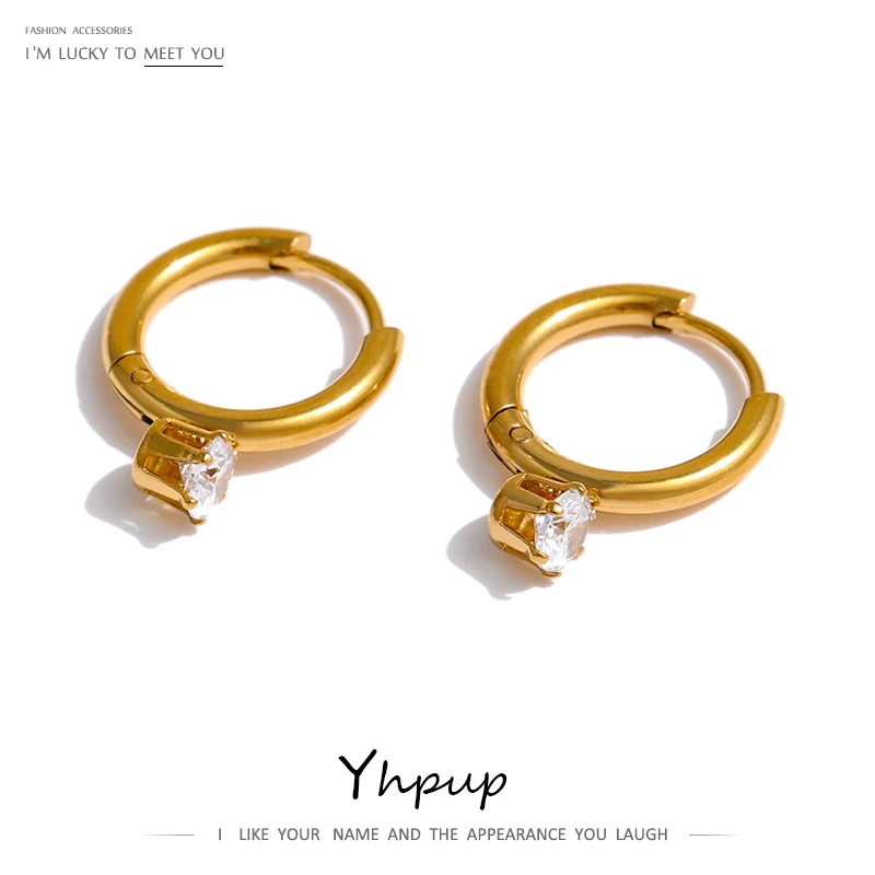 Yhpup Stainless Steel Minimalist Hoop Earrings Stylish Shiny Cubic Zirconia Earrings бижутерия для женщин Engagement Gift