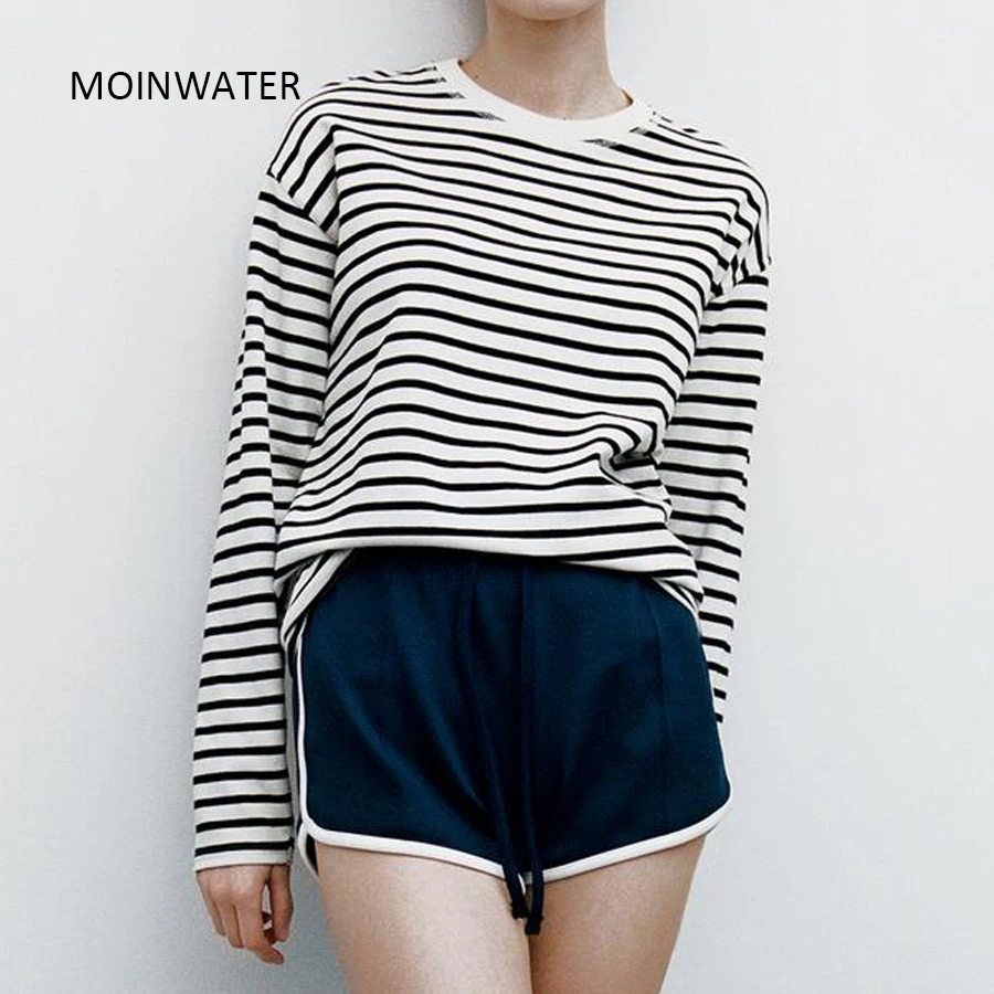 MOINWATER 2021 New Women Classic Striped Tees Tops for Spring Autumn Lady Cotton Long Sleeve Causal T-shirts MLT2112