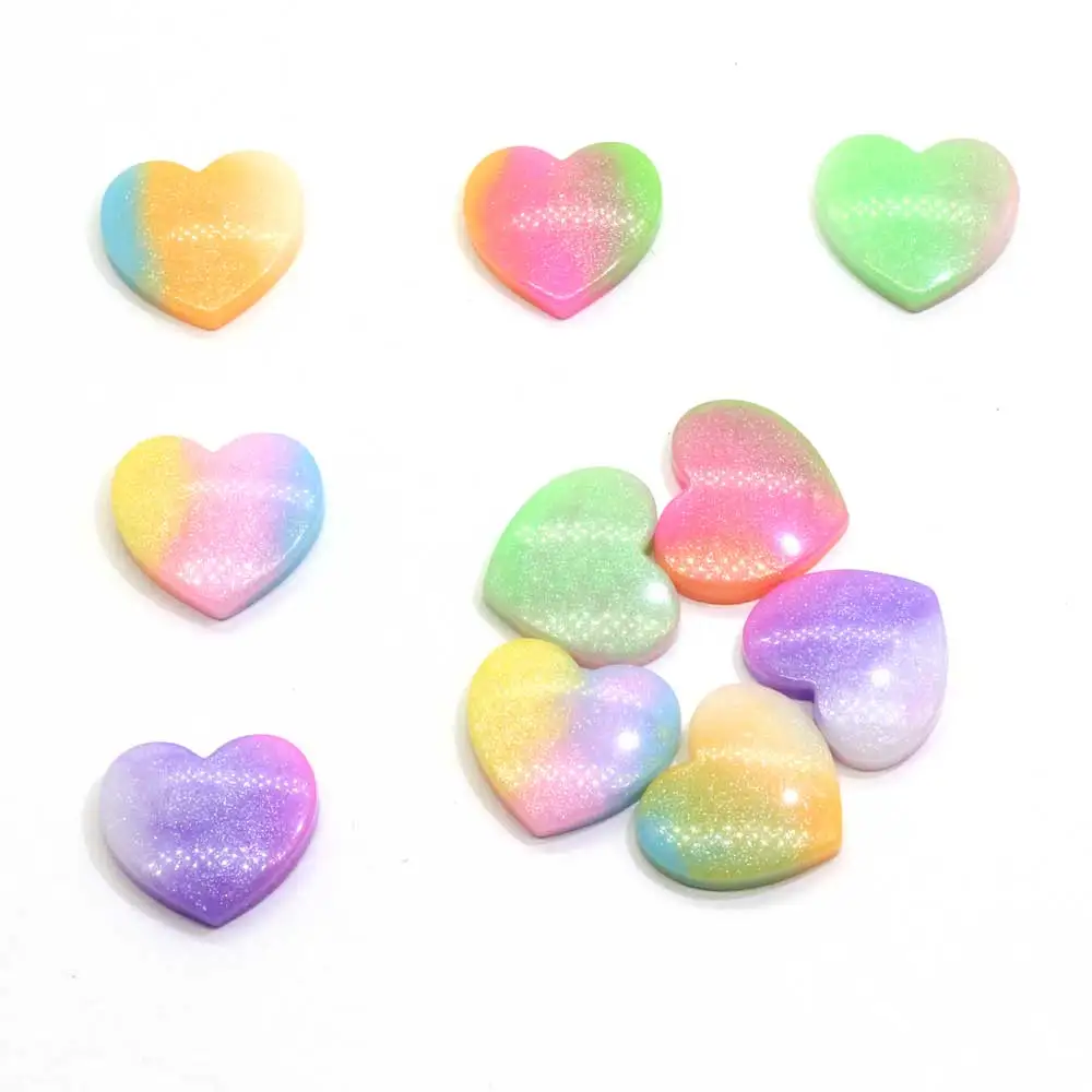 New Jelly Pastel Glitter Heart Cabochons Rainbow Glitter Heart Resin Cabochons Cute Bling Cabs Valentines Day Cabochons