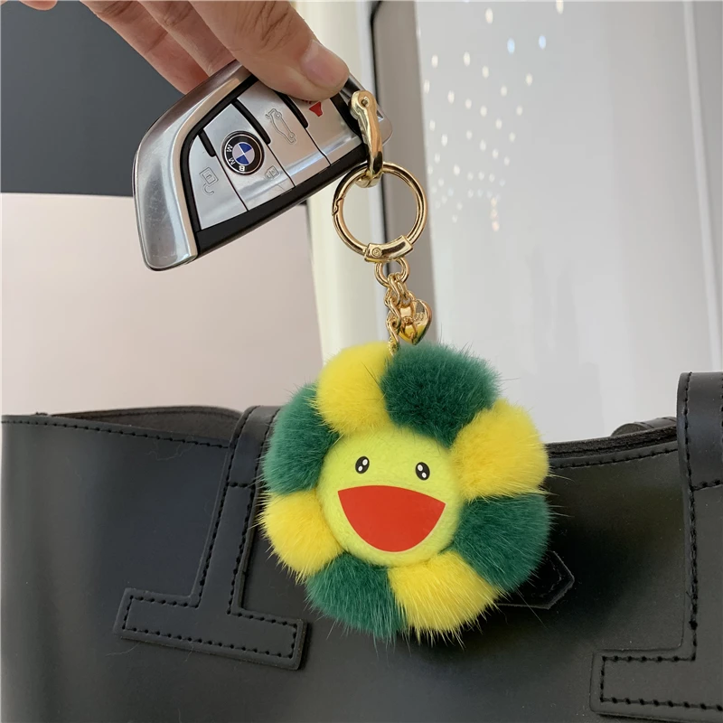 Cute Flower Toy Pendant Car Key Ring Real Mink Fur Smile Sunflower Keychain Women Bag Ornaments