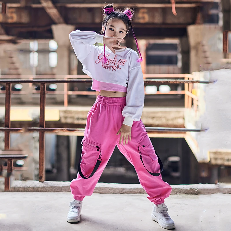 Modern Jazz Dance Clothes Girls White Long Sleeves Tops Loose Pink Pants Hip Hop Kids Street Dance Practice Show Costume BL7338