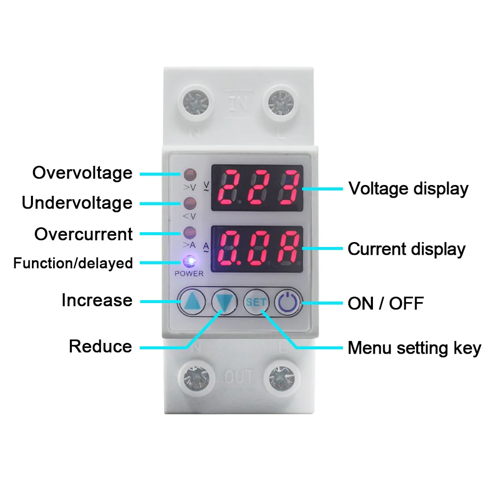 AC Voltmeter Ammeter Din Rail Household Self-resetting Over Under Voltage Protection Relay Current Protector 40A/63A AC 220V