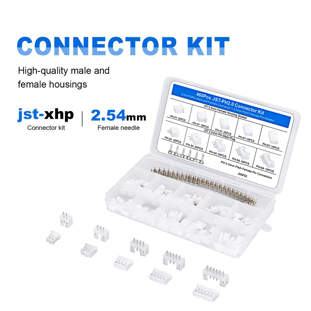 JST XH2.54 PH2.0 Male Female Connector Kit 2/3/4/5/6 Pin Plug with Terminal Wires Cables Socket Header Wire Connectors Kit