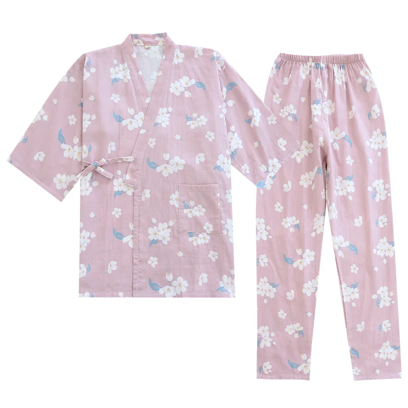 Japanese Ladies Kimono Pajamas  Spring Thin Cotton Gauze Sleepwear V-Neck Floral Printing Lounge Wear Thin Loose 2 Piece Set