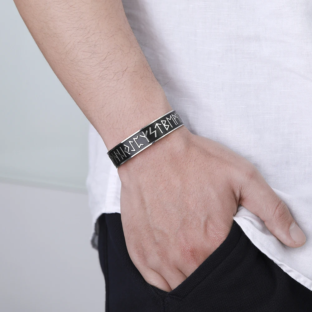 Teamer Stainless Steel Nordic Viking Runes Bangle Men Women Wicca Amulet Vintage Tree of Life Cuff Bracelet Jewelry Couple Gifts