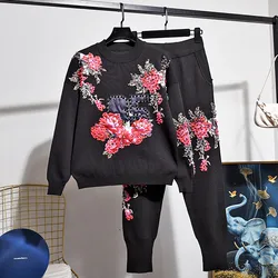 Black Knitted Tracksuits Women Set Handwork Beading Flowers Sweater Pencil Pants Knit 2pc Female Loose Casual Two Piece Outfits