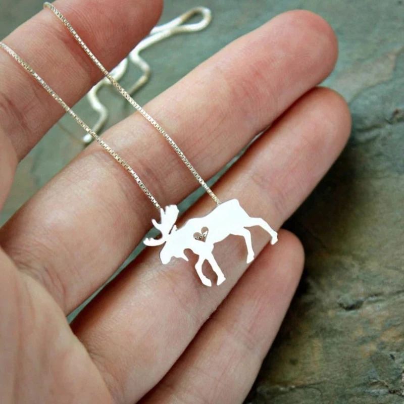 Simple Silver Color Little Moose Pendant Necklace Charm Female Heart-Shaped Necklace Girl Bohemian Accessories