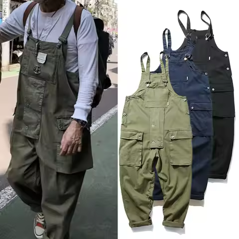 Safari Style Multi-pockets Bib Overalls Men Hip Hop Street Wear Cargo Work Pants Coveralls Men's Casual Loose Pants Bib Trousers