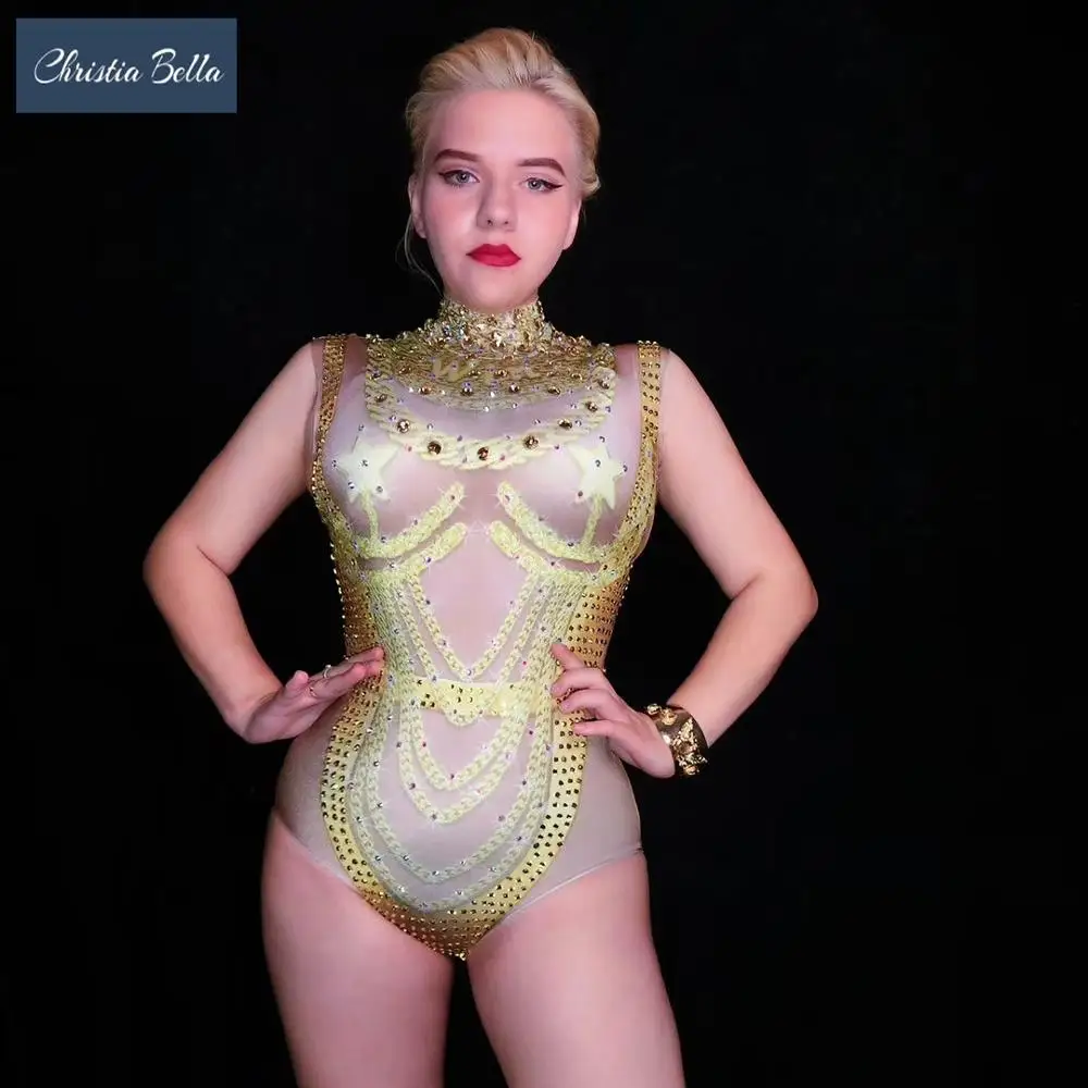 Christia Bella Sexy Gold Strass Paaldansen Bodysuits Vrouwen Stretch Jumpsuits Stadium Slijtage Nachtclub Party Dance Kostuums