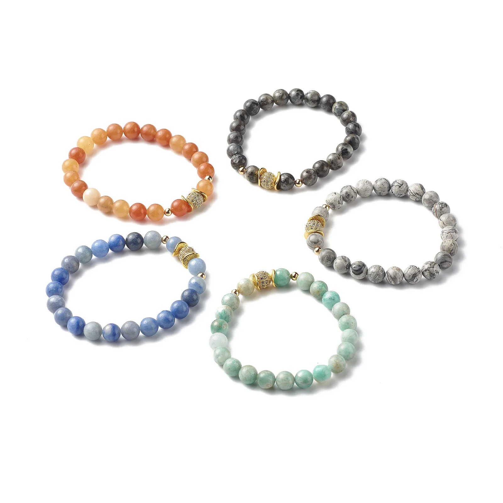 

10pcs Natural Stone Stretch Bracelets Aventurines Picasso Jaspers Beads Round Brass CZ Beads Bracelet Men Women Jewelry