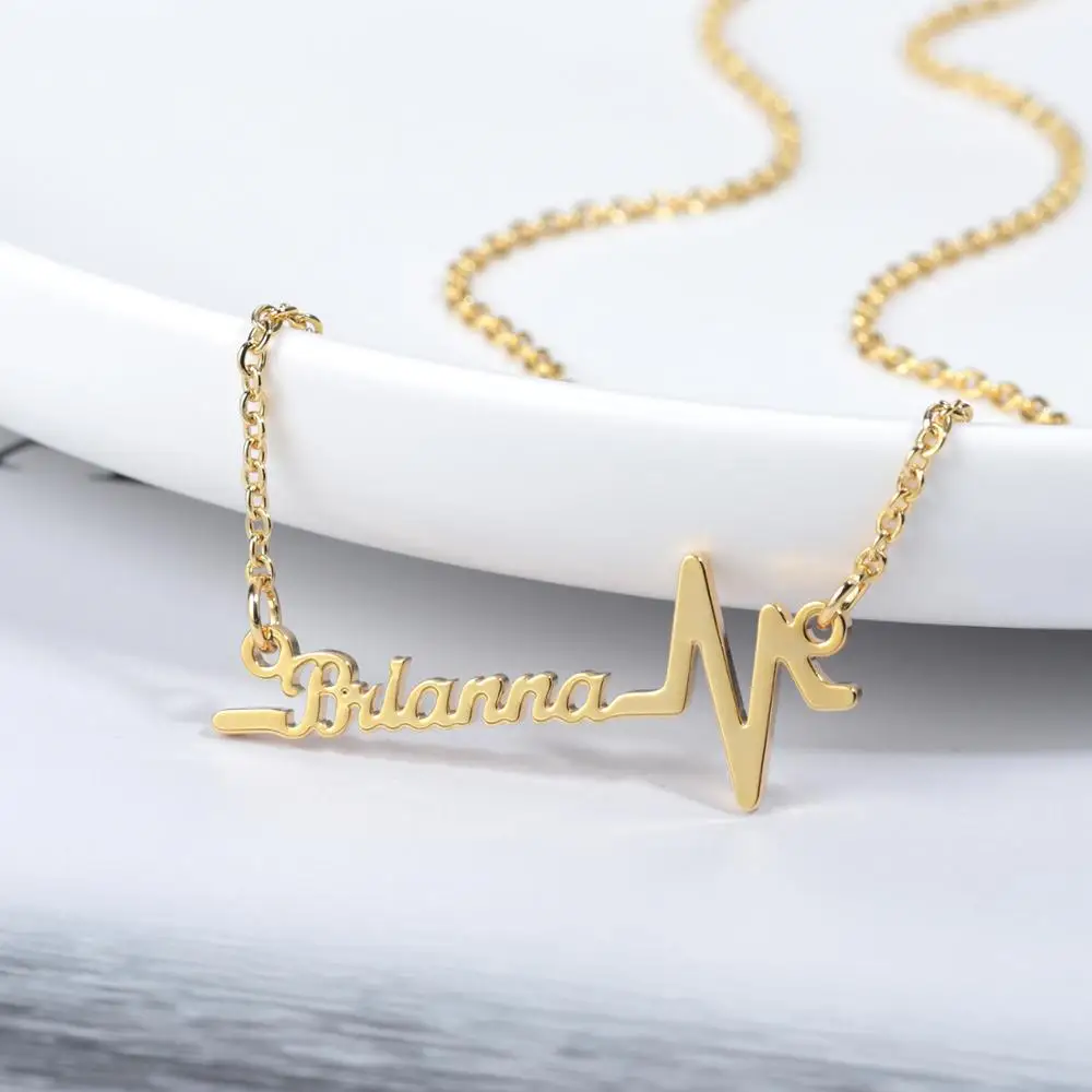 Zciti Personalized Heartbeat Name Necklace Stainless Steel Customized Nameplate Necklaces For Holiday Gift For Women