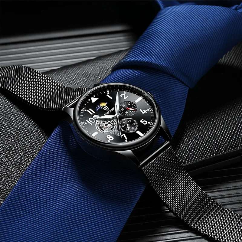 Montre Homme 2024 TEVISE Mens Watch Moon Phase Luminous Hands Waterproof Mesh Steel Automatic Mechanical Wristwatches Dropship