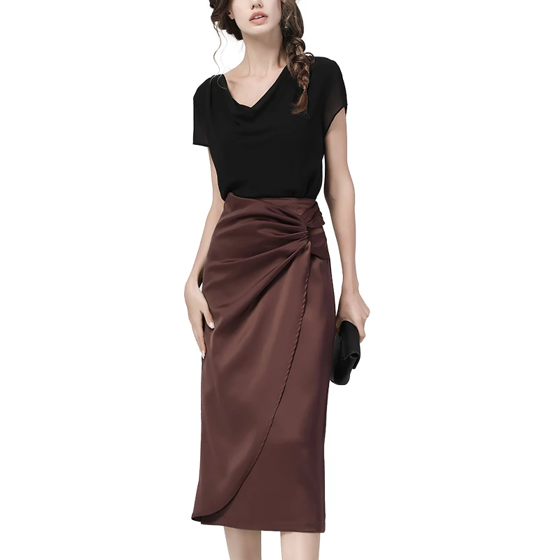 Mid-Length Sexy Slit Satin Skirts Women 2022 Solid Color High Waist Asymmetrical Pencil Skirts Elegant Office Ladies Wrap Skirt