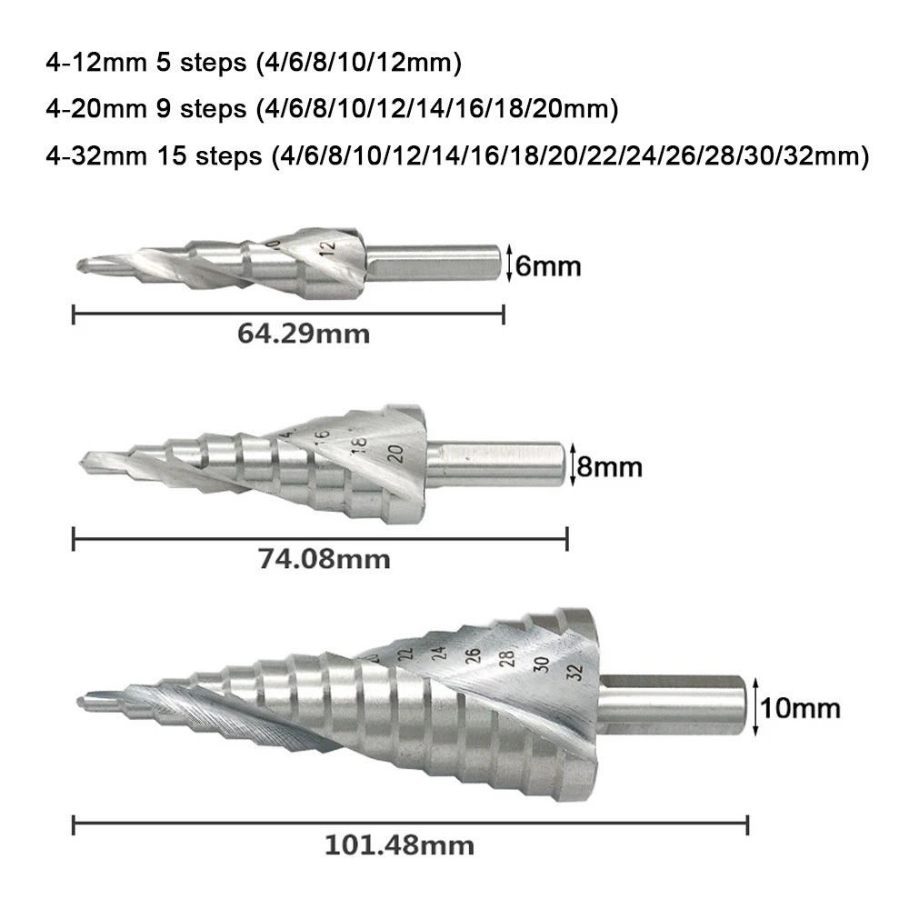 4-12Mm/4-20Mm/4-32มม.HSS เจดีย์เจาะเกลียวคู่ร่องขั้นตอนเจาะกรวยโลหะสามเหลี่ยม Shank รูโลหะเหล็กเจาะ