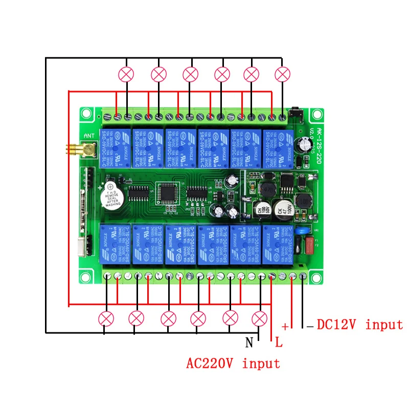Controlador de Radio Industrial DC 12V 24V 36V 48V 12CH, Control Remoto Inalámbrico RF, Receptor para Sistema de Grúa Pu