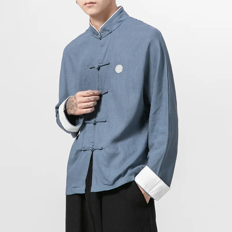 Chinese style men's cotton linen shirt loose large size plate button retro Tang suit fashion top chinese hanfu kung fu shirts