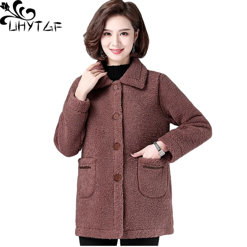 UHYTGF Elegant Autumn Winter Fur Coat Women Lambswool Big Size Jacket Female Solid Color Wild Thicken Warm Women Outerwear 1175