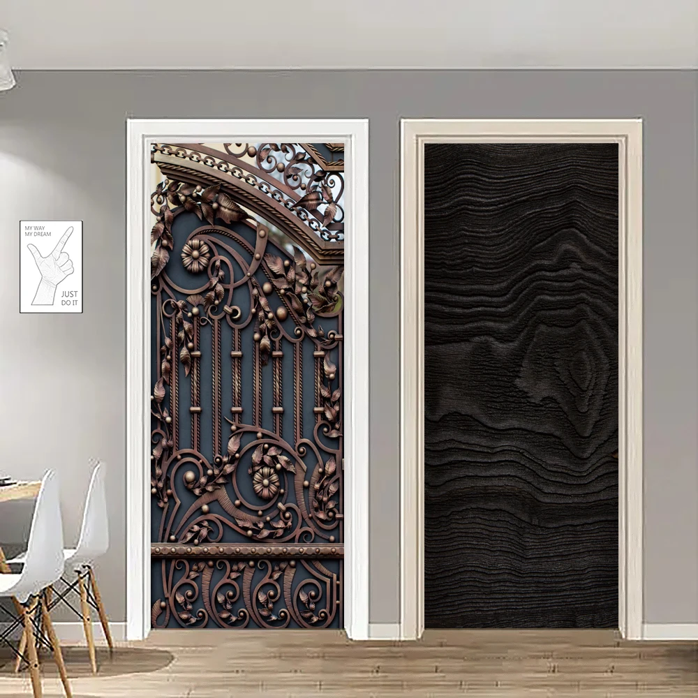 Europe Wooden Door Living Room Corridor Wallpaper PVC Self-adhesive Medieval Iron Gate 3D Wall Decor Sticker Full Covering Mural