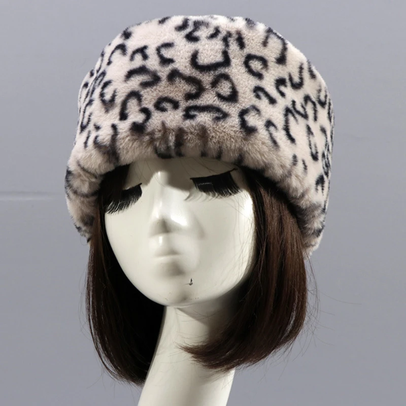 HT3451-Sombrero de invierno para mujer, gorro de piel sintética de leopardo, gorros gruesos y cálidos de invierno, sombrero de bombardero plano,