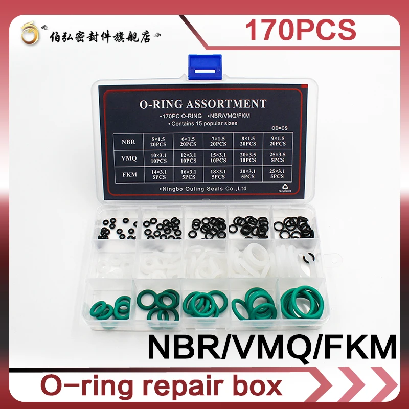 

Nitrile rubber O Ring 170PCS VMQ NBR FKM O Ring Silicone Seal Assortment fluororubber Sealing O-ring Set Kit silicon Gasket Box