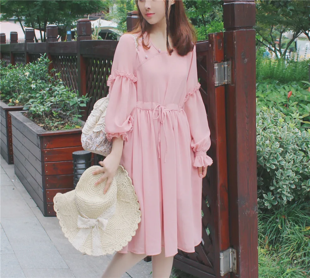 Fresh  elegant long-sleeved chiffon mori dress preppy style student Hanfu retro sweet lolita lace bowknot high waist victorian