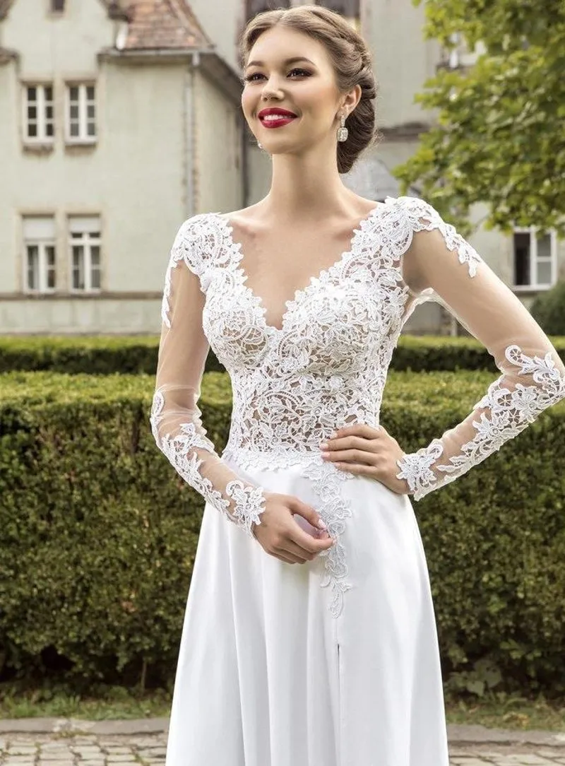 Vestido de novia Línea A de manga larga, romántico, con Apliques de encaje, cuello en V, Espalda descubierta, lateral dividido, barato