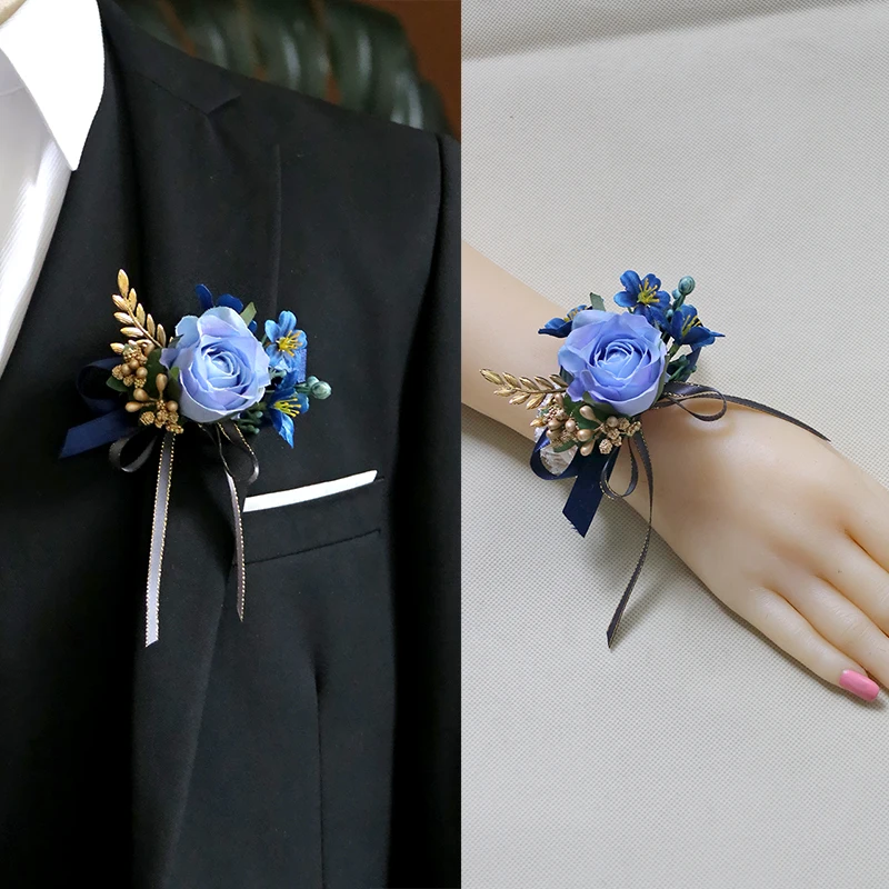 GT ผ้าไหม Corsages สีฟ้า Boutonnieres งานแต่งงานตกแต่งแต่งงาน Rose นาฬิกาข้อมือ Corsage Pin Boutonniere ดอกไม้สำหรับผู้เข้าพัก