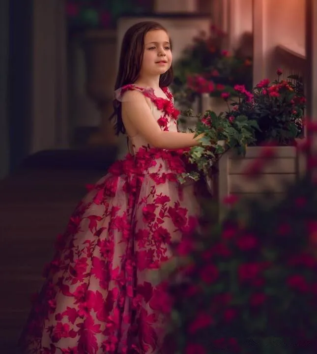 Robe à fleurs rouge pour mariage, robe de concours pour les filles, en Tulle, col V, avec Appliques à fleurs 3D, tenue d'anniversaire, première Communion