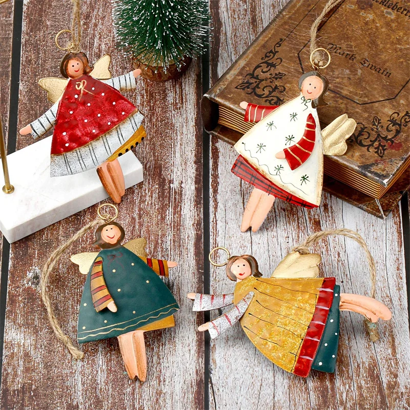 Zollor 4 Pieces of Christmas Metal Angle Tree Ornaments Little Angels With Linen Hanging Rope for Christmas Tree Decoration