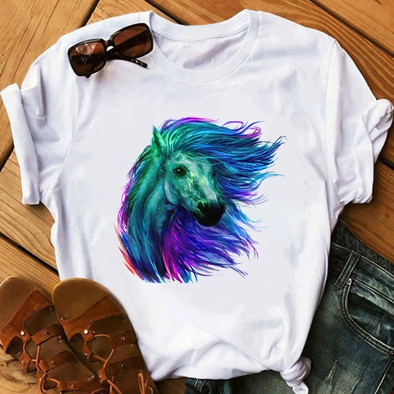 

Watercolor Horse Tshirts Women Funny T-shirt White Tops Casual Short Sleeve Tshirt Camisetas Mujer Graphic Tees