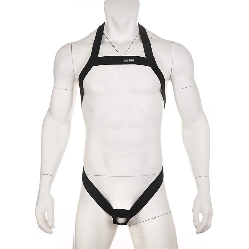 CLEVER-MENMODE Men Halter Harness Elastic Bondage Costume Hollow Out Chest Strap Arnes Hombre Bodysuit Lingerie with Penis Ring