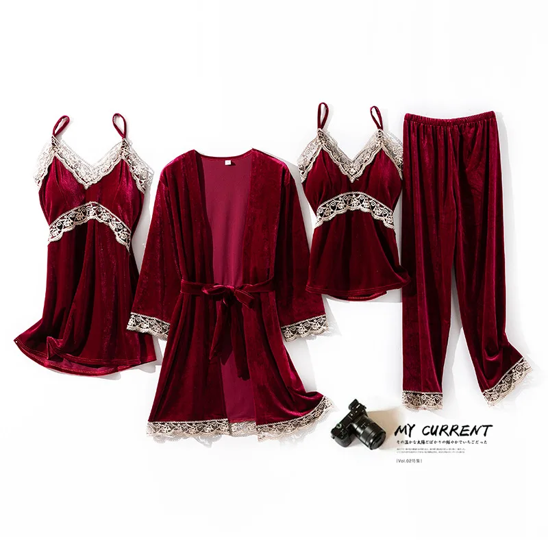 

Velvet Sexy Nightwear Women 4PCS Pajamas Set Sleepwear Autumn Winter Casual Kimono Bathrobe Gown Sexy Female Velour Home Wear