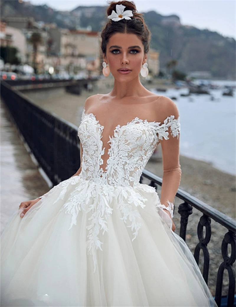 Elegante manga longa ver através de volta vestidos de casamento vestido de baile espanha rendas vestidos de noiva