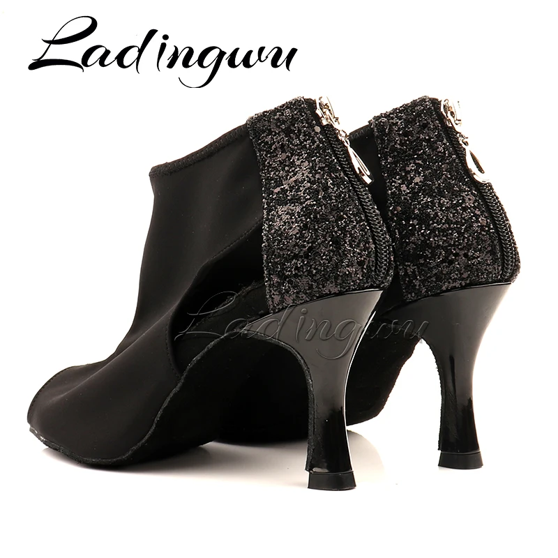 Ladingwu Woman Latin Dance Shoes Boots Ballroom Waltz Samba Modern Dancing Shoes For Girls Black Stretch Fabric And Glitter Danc