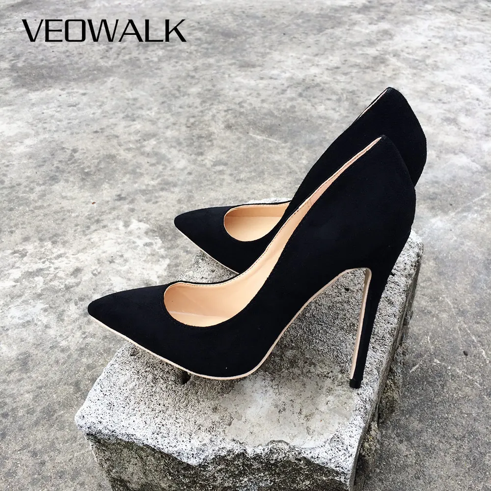 Veowalk Women Suede Stilettos Pumps Elegant Ladies Pointed Toe Classic High Heels Sexy OL Slip on Shoes Black Customized Accept